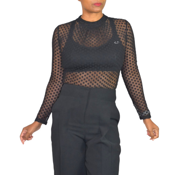 Windsor Sheer Bodysuit Black Flocked Polka Dot Mock Mesh Neck Long Sleeves Small - Picture 10 of 15